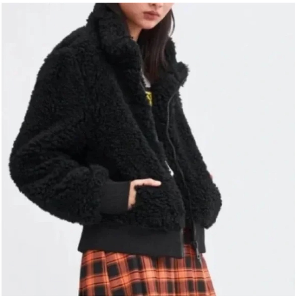Zara TRF Black Teddy Fleece Bomber Jacket Coat, Size Small.